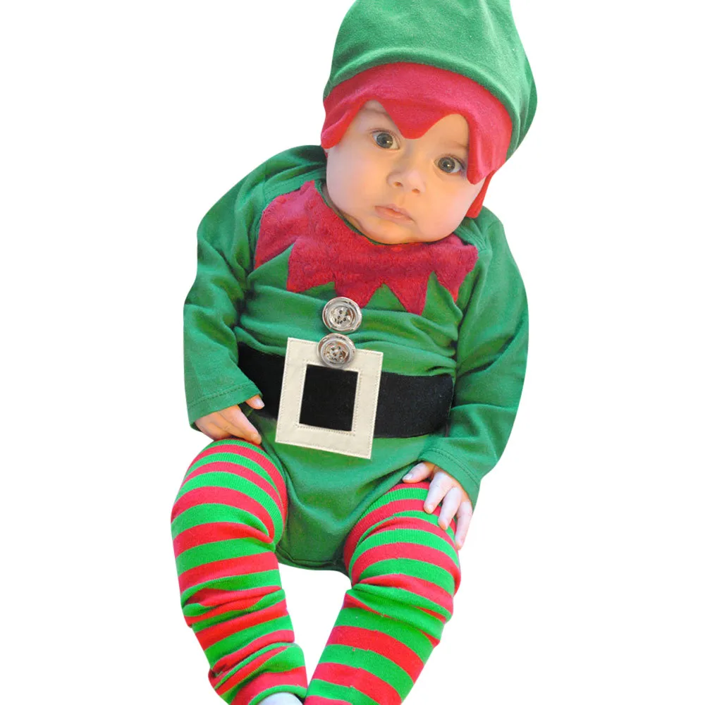 Christmas Baby Boys Rompers New Year Green X'mas Outfits Cap Suits Cute