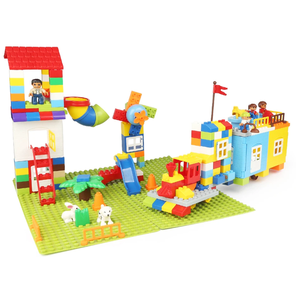 216PCS DIY Train House Village Windmill Building Blocks Compatible Legoed Duplo City Figures Big Size Brick Toys For Children