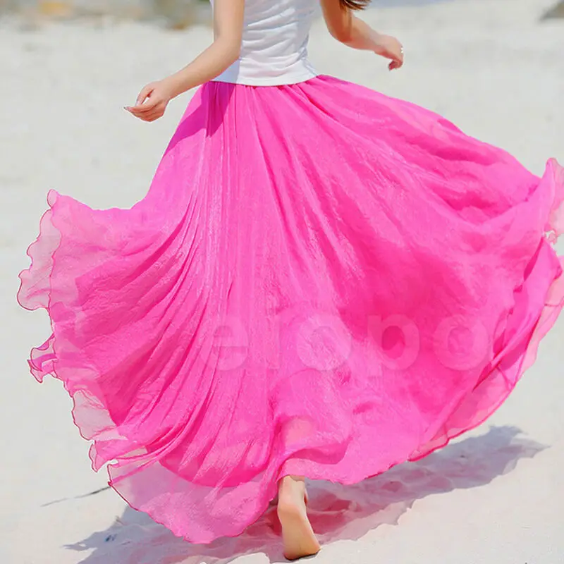 Женская шифоновая длинная юбка макси в стиле бохо, Пляжная Повседневная Свободная сарафан, Женская плиссированная однотонная трапециевидная юбка Mulheres - Цвет: Rose Red