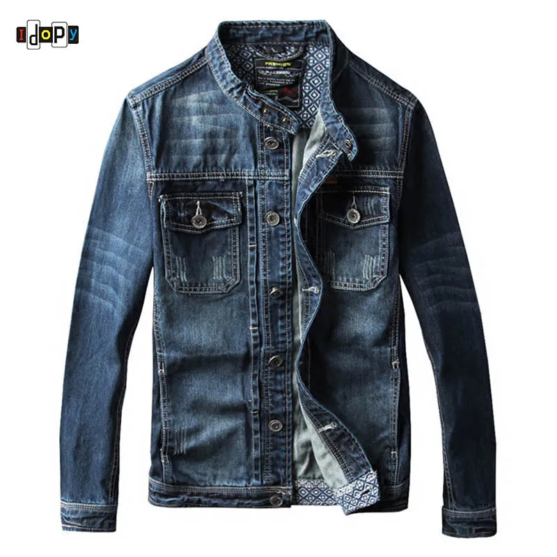 

Idopy Spring Autumn New Men`s Jean Jacket Motorcycle Stand Collar Motorbike Slim Fit Distressed Biker Jean Denim Jacket For Male