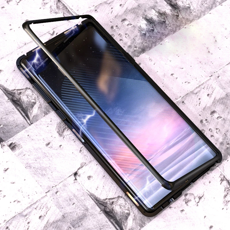 Magnetic Adsorption Case for Samsung Galaxy Note 9 Metal Aluminum Frame Clear Tempered Glass Back Cover Note9 |
