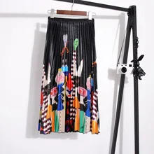 Женские длинные плиссированные юбка весна-лето женские Высокая Талия милый мультфильм печати-удлиненная юбка эластичный пояс элегантный юбка Harajuku