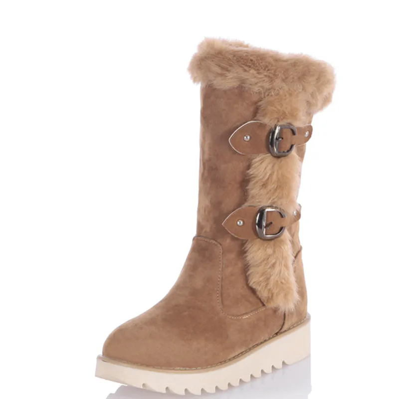 Ouvertes Chaussures yellow Femme Sangle Neige Plate Mi Apricot Appartements Chaud Marque Hiver Fourrure Pour De Bottes black Ronde mollet Anmairon Femmes forme MSzGUVqp