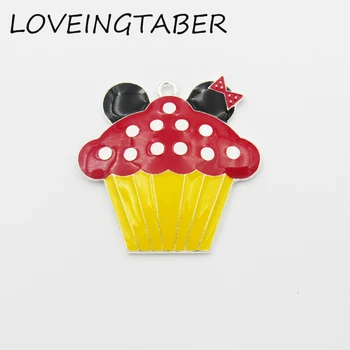 

Newest 42mm*42mm 10pcs/lot Silvery Color Cupcake with Minnie Ear All Enamel Pendant For Kids Jewelry Making