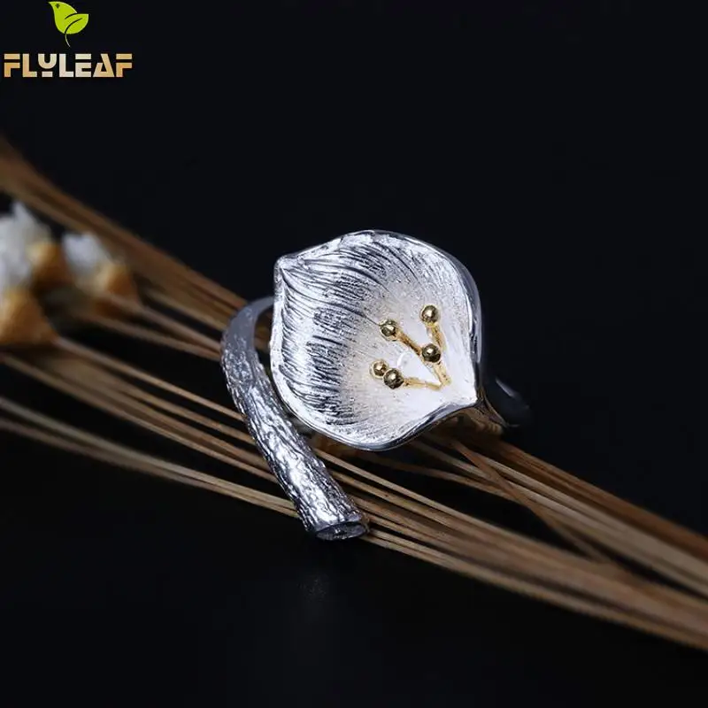 

Flyleaf Brand Calla Flower Open Rings For Women High Quality Lady Retro 925 Sterling Silver Jewelry