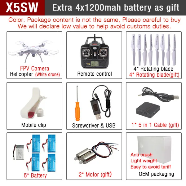 SYMA X5SW& X5SW-1 FPV дрона с дистанционным управлением с поддержкой Wi-Fi Камера HD 2,4G 6-осевой Дрон RTF RC Quadcopter Вертолет игрушки VS Syma X5SC X5C - Цвет: X5SW WHITE OEM BOX