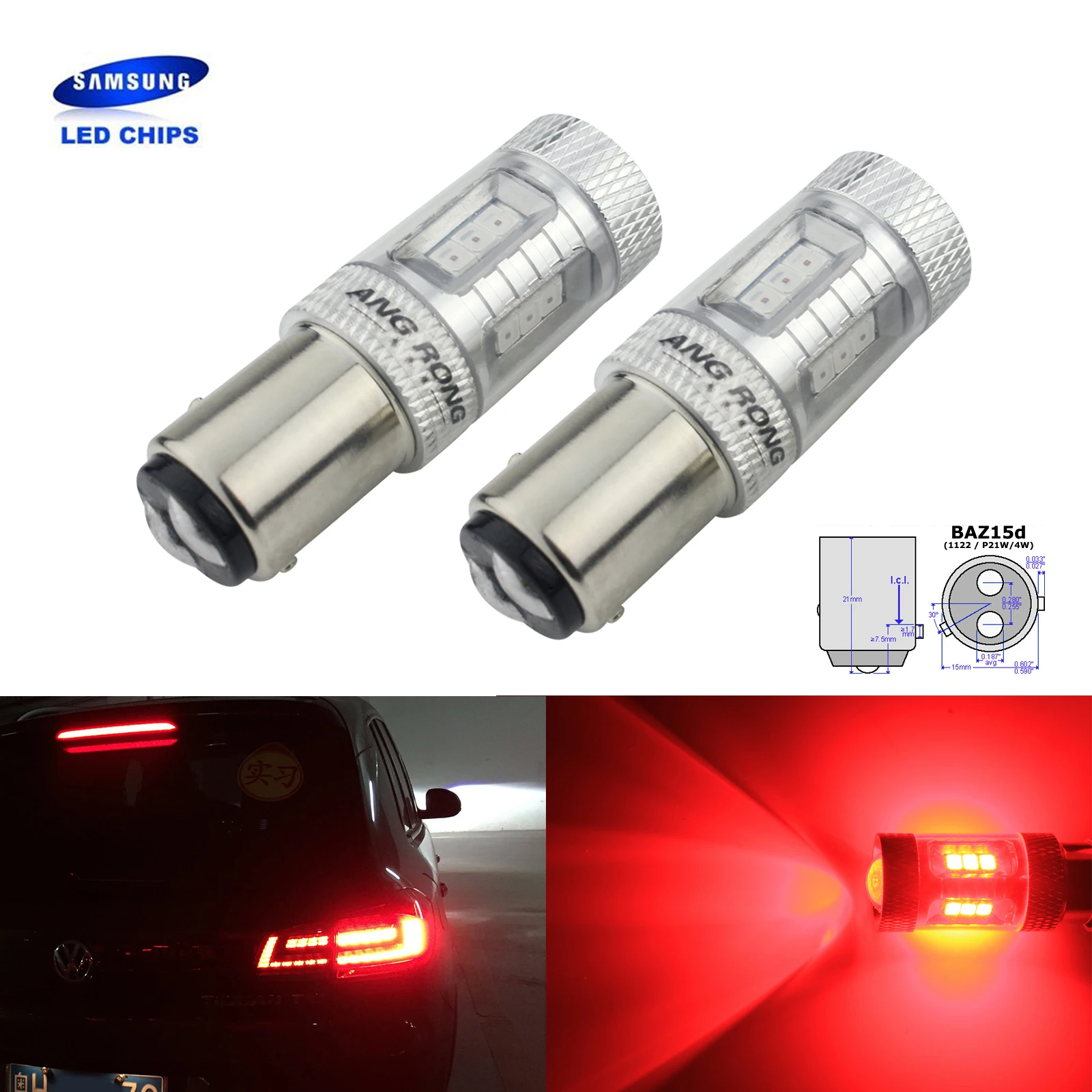 

ANGRONG 2x 566 P21/4W 1122 BAZ15d 15W LED Side Stop Tail Brake Light Bulbs Red