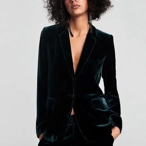 

2019 Velvet Dark Green Retro Pockets Blazer Suit Spring Women Vintage Jackets Coats Office lady