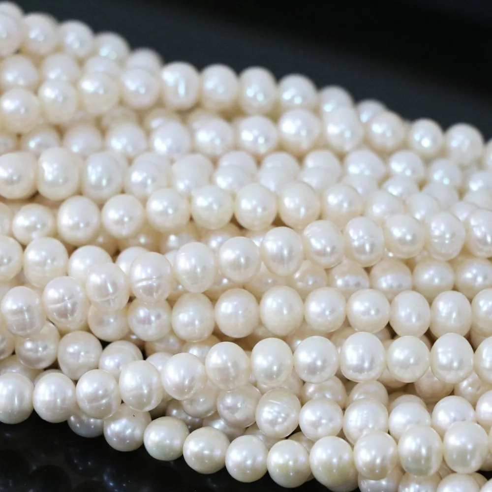 

High grade 7-8mm natural white freshwater pearl charm round loose beads 15"