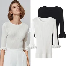 Летняя мода пластины темперамент белый вязаный свитер ремонт трапециевидным силуэтом на пять минут рукава футболка