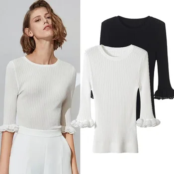 

New 2018 summer fashion plate temperament White Knit Sweater repair wood ear five minute Sleeve T shirt