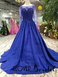 CloverBridal роскошный жемчуг Камни бисером атласная одежда с длинным рукавом Королевский Синий Выпускные платья развертки поезд висит цепочк