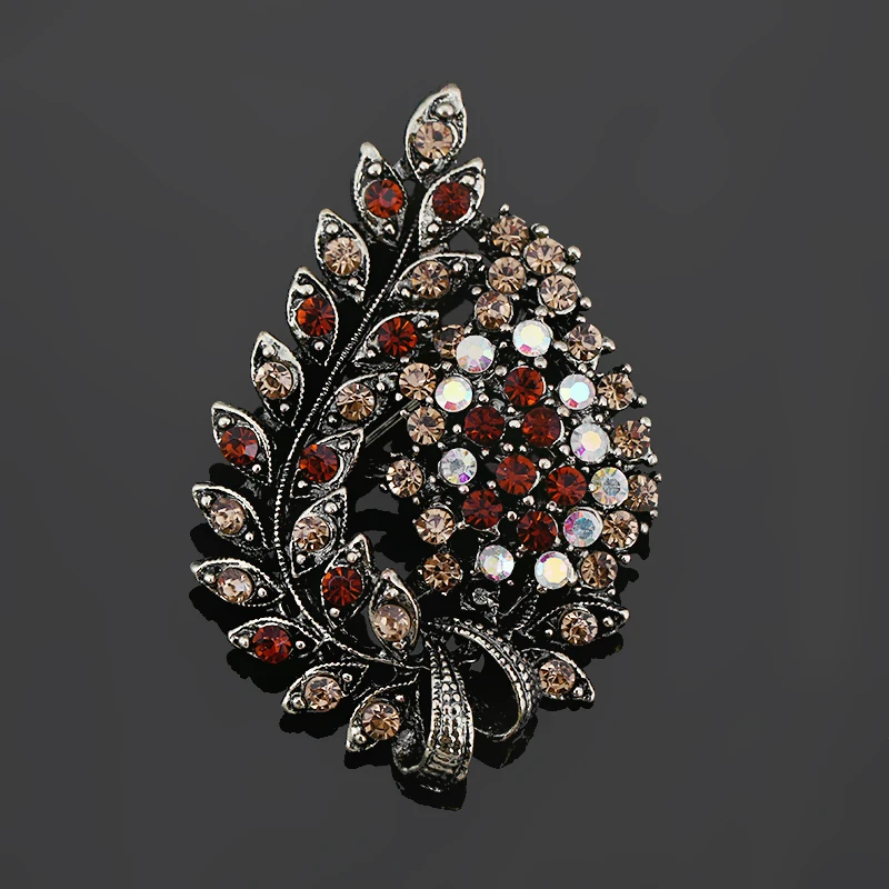 

baiduqiandu Assorted Colors Red Coffee Blue and Purple Crystal Rhinestones Flower Leaf Brooch Pins in Antique Vintage