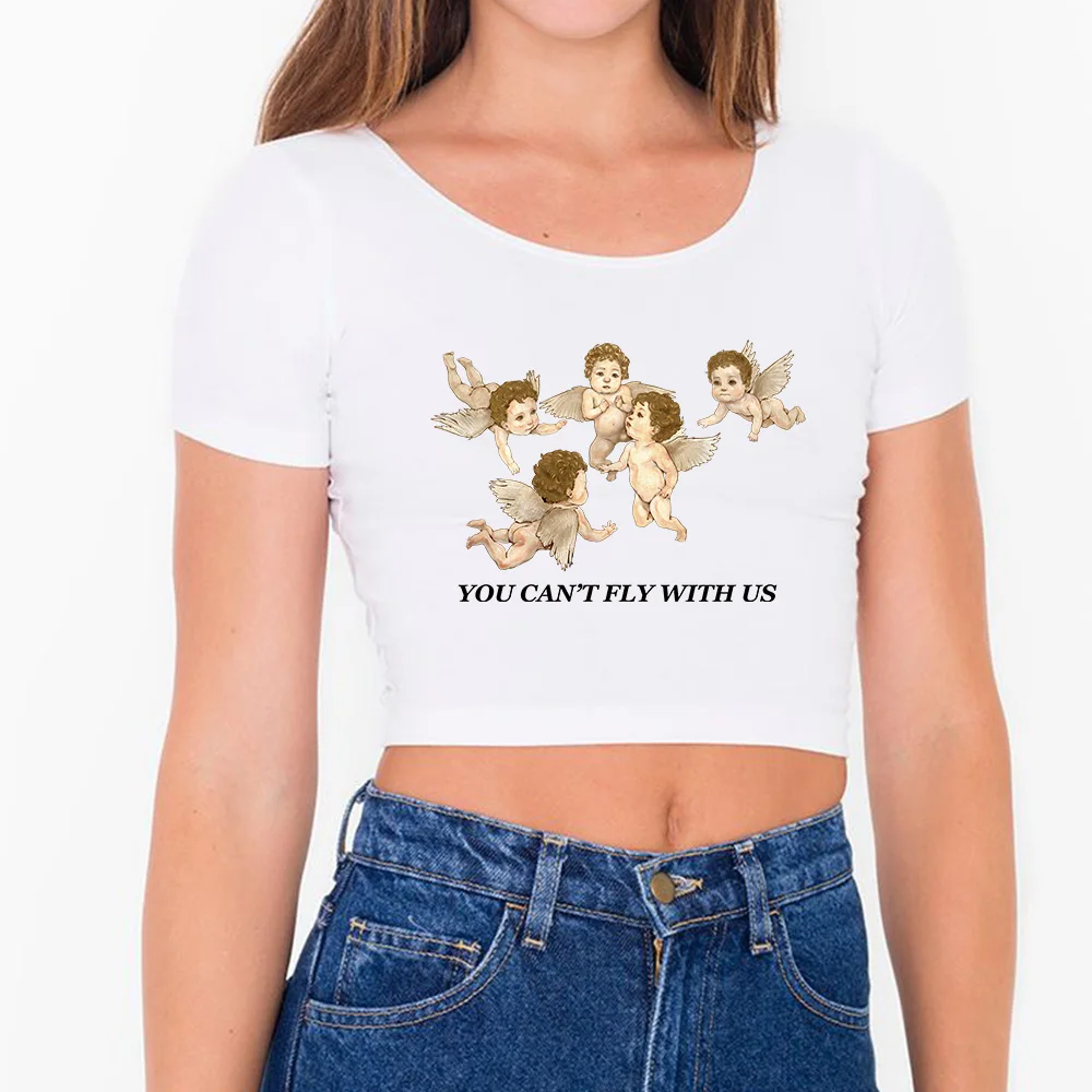 Tumblr Funny aesthetic Tops Sexy Women Basic Tees Angel Printed Harajuku Cropped Tops Fashion Slim Brand Fitting Short Tops