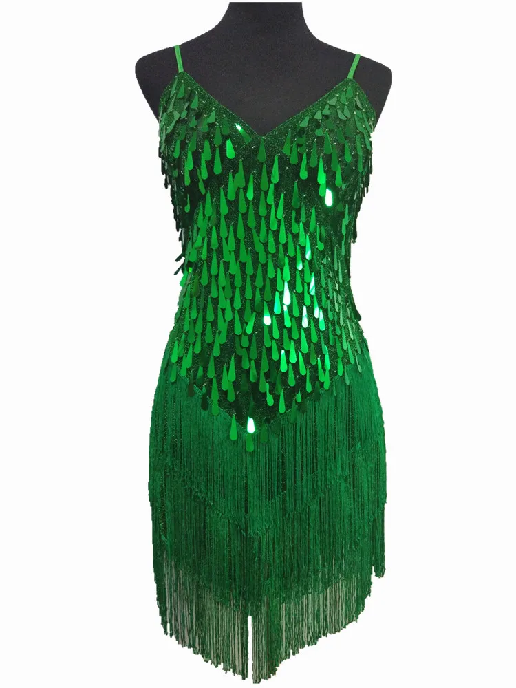 Блестящие сценические костюмы с v-образным вырезом, платье для латинских танцев, женское платье 1920s Гэтсби с бахромой, платье с открытой спиной, летнее Сетчатое платье с блестками - Цвет: green