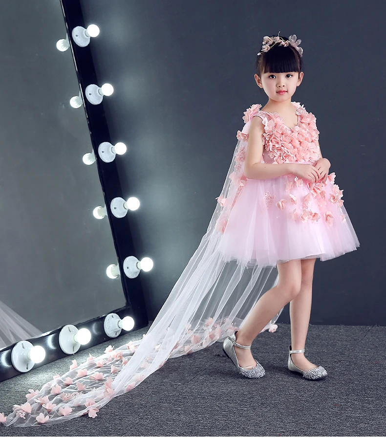 Glizt/длинные платья с цветочным узором для девочек; платья принцессы с аппликацией на день рождения и свадьбу; розовое фатиновое платье для первого причастия
