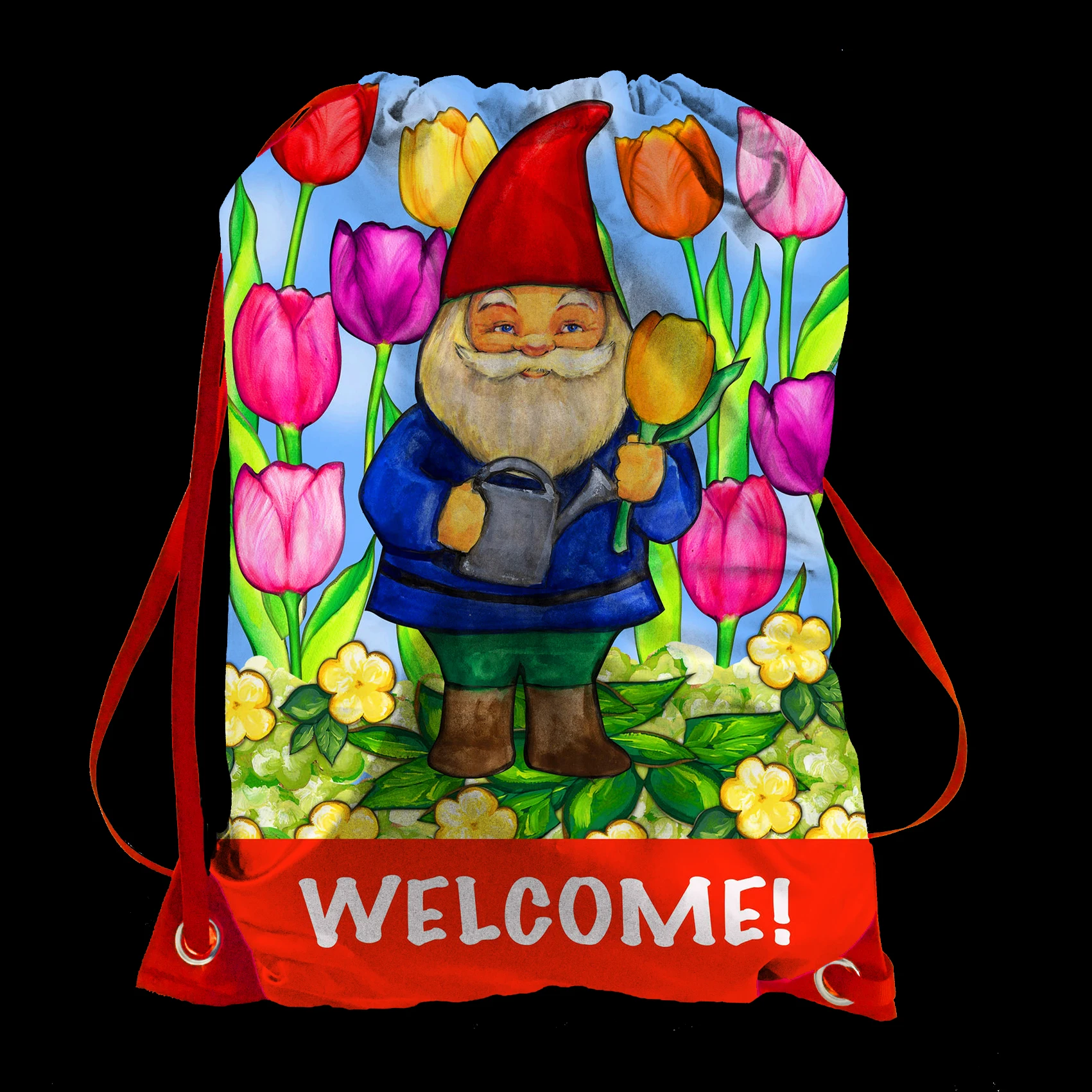

Free Shipping strong polyester Drawstring Backpack Bag,Custom Colorful Garden Welcome Gnome Double Sided Printng 32x42cm Bag
