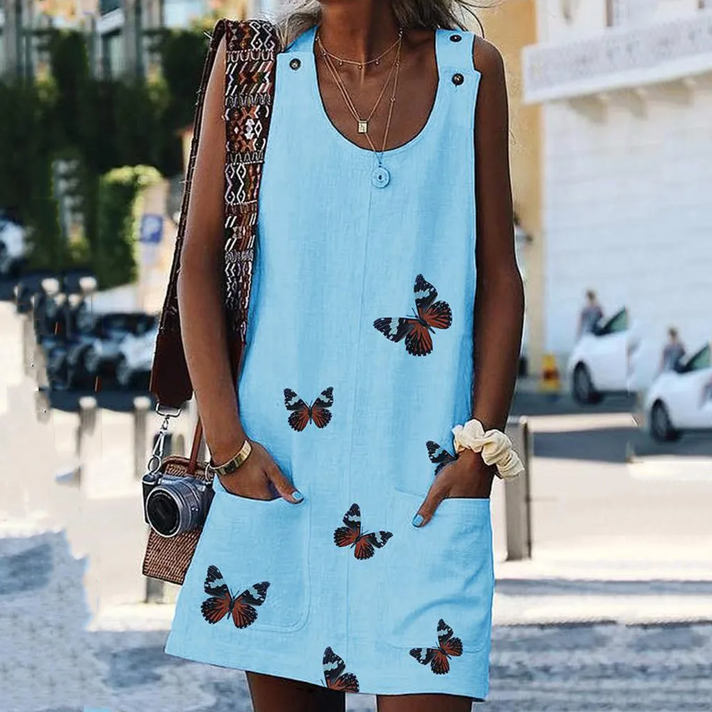 

Women dress O-Neck Sleeveless Shoulder Clasp Butterfly Print Cotton And Linen Dress Summer ladies Plus Size knee Dresses #E