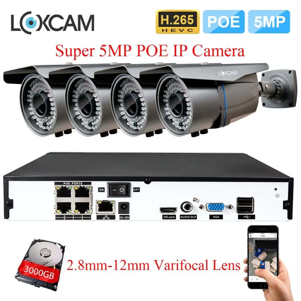 LOXCAM H.265 + CCTV система NVR 4Ch 5MP POE kit ip камера видеонаблюдения с поддержкой Wi Камера 2 8 12