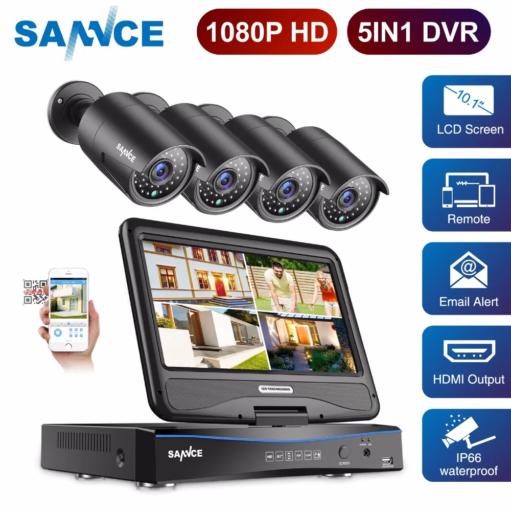 SANNCE 4CH FHD 1080P безопасности камера системы видеонаблюдения DVR с 10,1 ''ЖК дисплей шт. и 4 шт. 2.0MP Всепогодный наблюдения