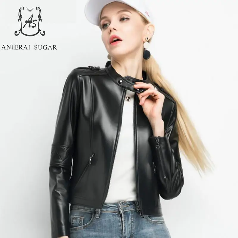 Autumn winter new sheepskin genuine leather jacket women black Stand
