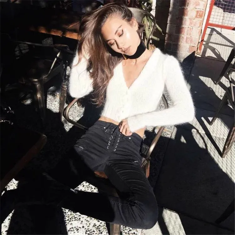 2019 autumn and winter sexy women sweaters computer knitted v-neck white and black solid button sweaters 2019 autumn and winter sexy women sweaters computer knitted v-neck white and black solid button sweaters