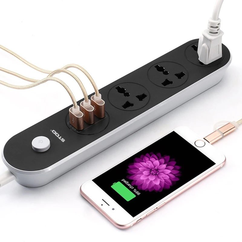 

STOD 3 Port USB Charger 15W Outlet Socket Power Strip 2500W 2IN1 Home Charging Station For Cellphone Laptop Charge AC Adapter
