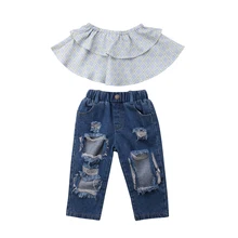 Hot Toddler Kids Girls Off Shoulder Plaid Ruffle Tops Hole Denim Pants Outfits Clothes Set 2019 Hot Toddler Kids Girls Off Shoulder Plaid Ruffle Tops Hole Denim Pants Outfits Clothes Set 2019