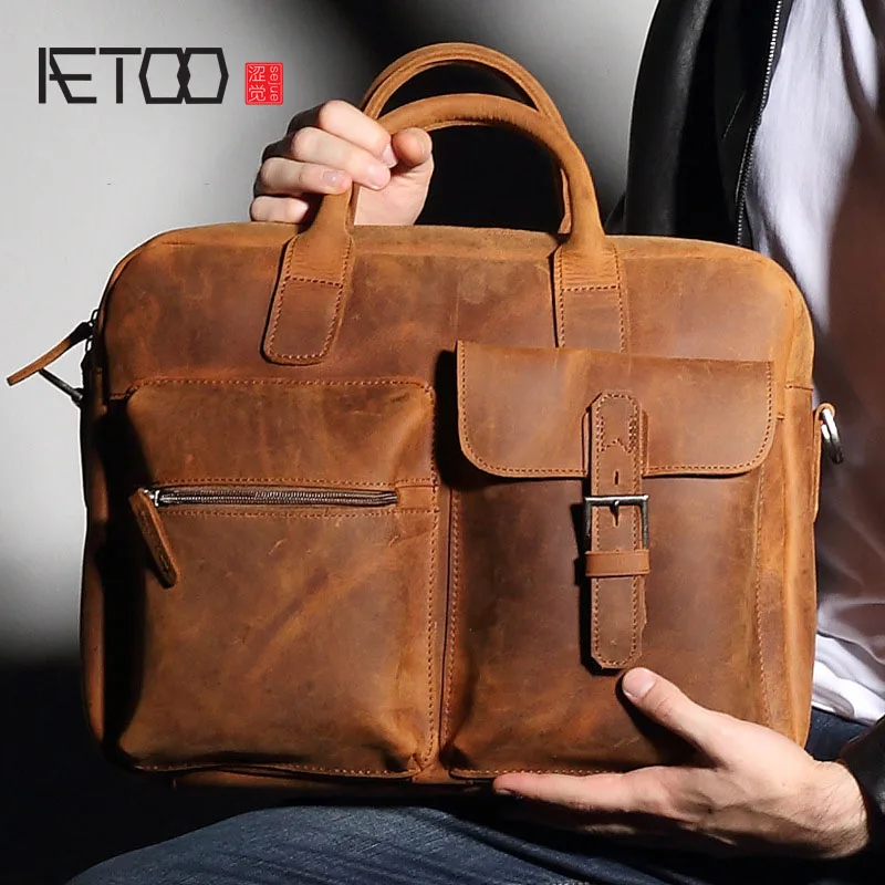 

AETOO Leather handbag men briefcase retro crazy horse skin men bag business computer bag leisure Messenger bag