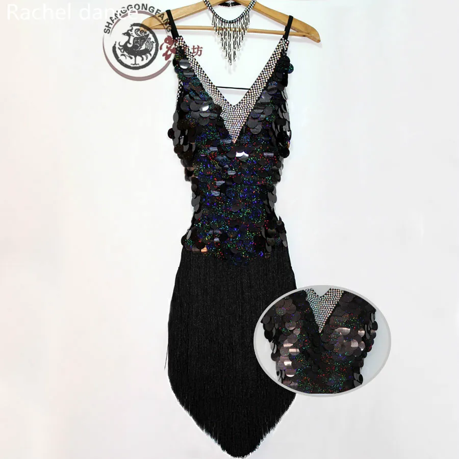 

Fringe Latin Dance Costumes Sequined Style Double V-Collar Short Sleeves Samba Tango Dance Clothing Tassel Latin Dance Dress