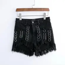 Сексуальные популярные женские летние шорты Harajuku, черные эластичные джинсовые шорты в стиле панк, модные повседневные шорты с кисточками и кольцами