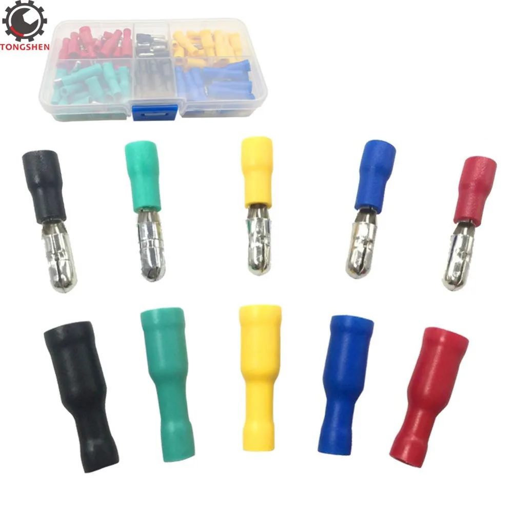 

Bullet Butt Connectors 100pcs Assorted Insulated Electric Connector Female Male Crimp Bullet Terminals Brass 22-16 AWG