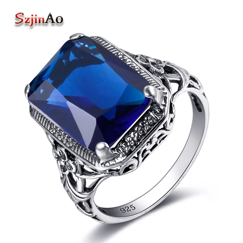 

Szjinao Fashionable Retro Punk Solid 925 Sterling Silver Wedding Rings With Blue Gems Handmade Antique Jewellery Women Knot Ring