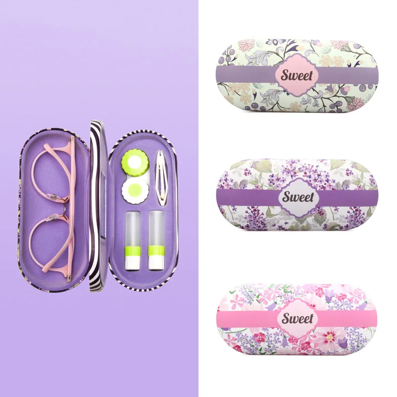 

High Quality Double Interlayer with Mirror Metal Contact Lens Case for Kit Box Dual Purpose Leather Flower Reading Glasses Case
