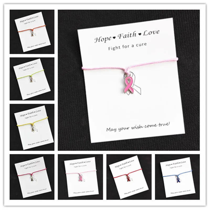 

Wholesale Hope Pink Ribbon Breast Cancer Awareness Charms Wish Card Charm Bracelet For Women Men Girls Friendship Gift 1pcs/lot