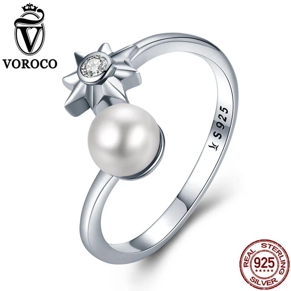 

VOROCO Pure 925 Sterling Silver Star Natural Freshwater Pearls Elegant Open Free Size Rings Women Wedding Fine Jewelry VSR099