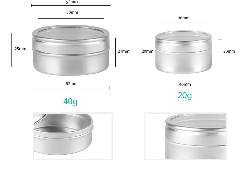 20 г, 40 г, 100 г, пустая Серебряная косметика, контейнер для крема, оконная крышка, металлическая алюминиевая банка, бальзам в бутылке, жестяная банка, подарок для чайной свечи