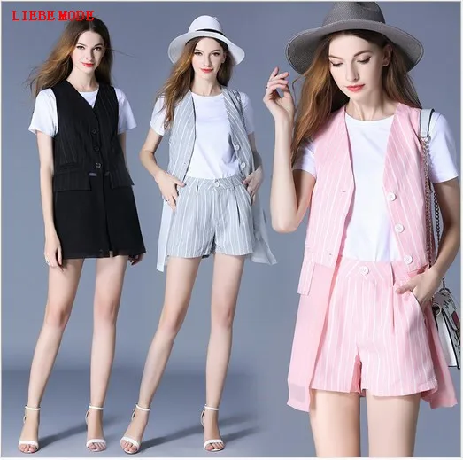 2017 das Mulheres Da Moda Verão Terno Listrado Conjunto de Roupas Colete + Camisa + Shorts Conjunto de 3 Peças Ete Femme Preto rosa Cinza
