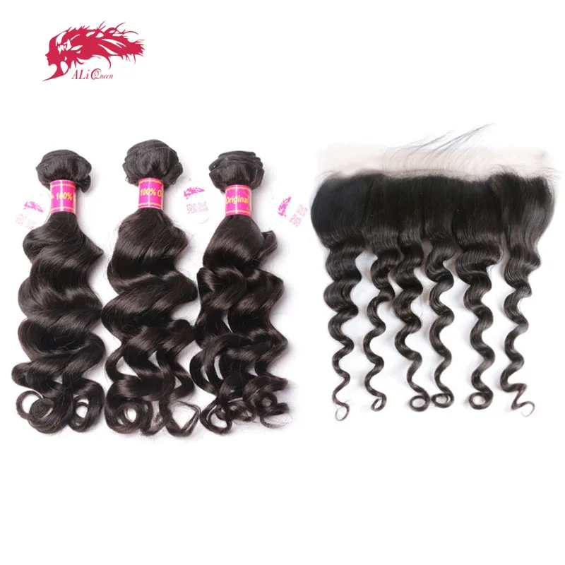 

Ali Queen Hair Human Hair 3 Bundles Virgin Hair Brazilian Natural Wave Closure Ear To Ear Lace Frontal Closure With Bundles
