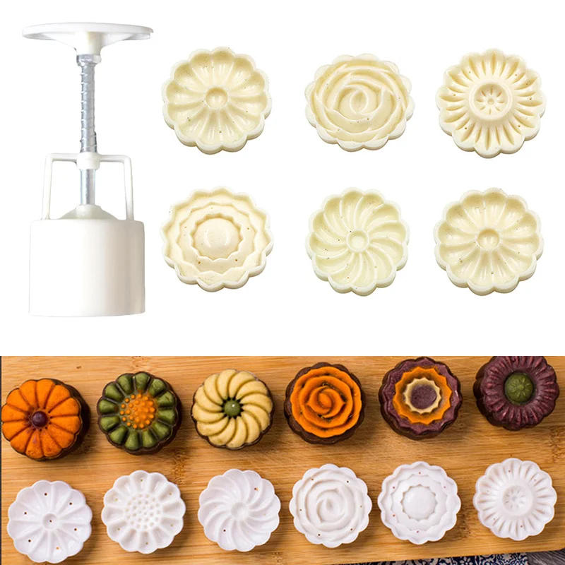 

Cookie Cutter 6 Style Round Flower Mooncake Mold Hand Pressure Fondant Moon Cake Decoration Tools Kitchen Pastry Baking Tool