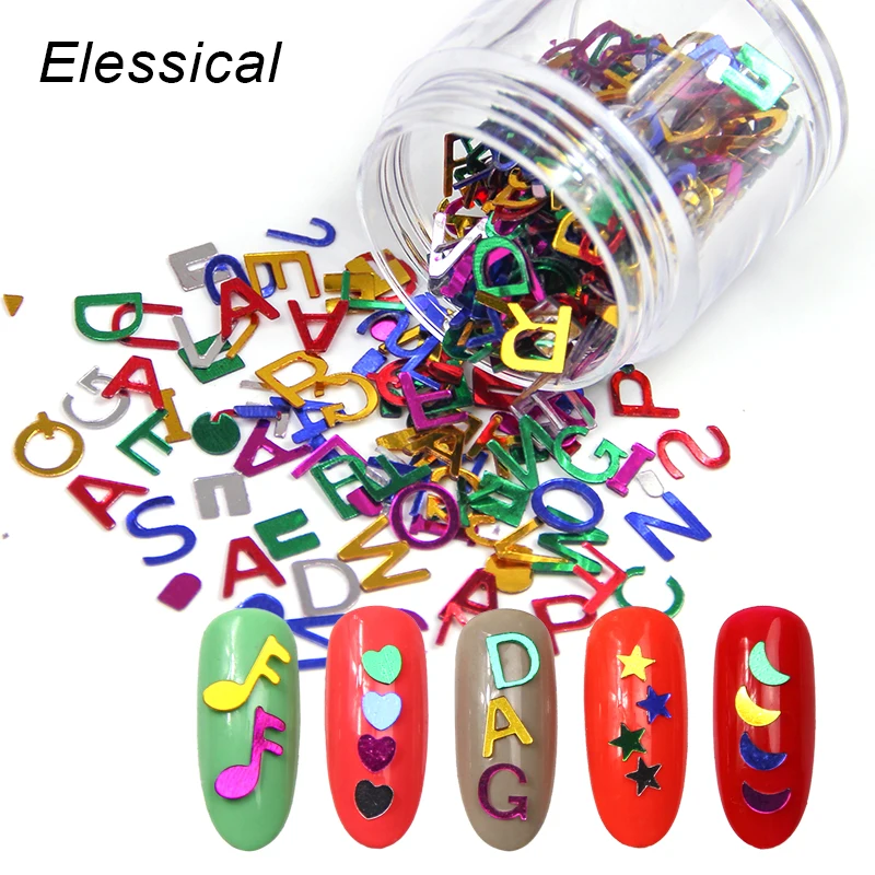 

ELESSICAL Mixed Color Letter Musical Note Heart Star Moon Shape Glitter Laser Nail Art Sequins Polishing For Nails WY1205-WY1209