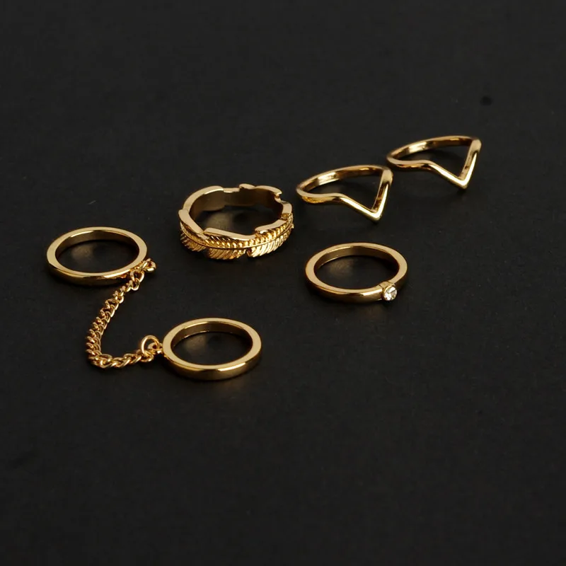 Surou, западные украшения, листья, v-образная форма, кольцо, цепочка на палец, 6 шт., женское кольцо, бижутерия, бохо - Цвет основного камня: Золотой