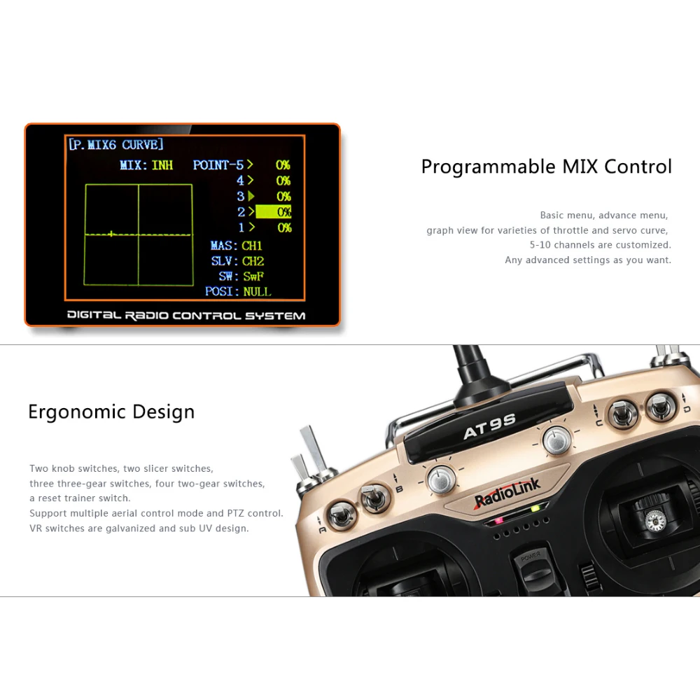 RadioLink AT9S 2.4GHz10CH Remote Control System RC Transmitter Mode 2 & R9DS 10CH Receiver for RC Drone Helicopter Multicopter (7)