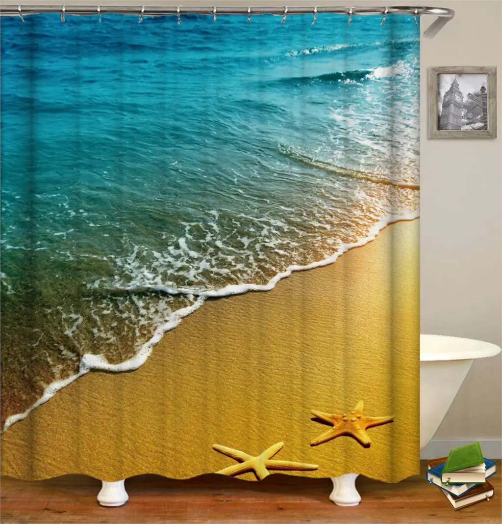 

Kiwiberry Longer Beach Bathtub bathroom Shower Curtain Fabric Liner with 12 Hooks 72Wx80H inch Waterproof and Mildewproof