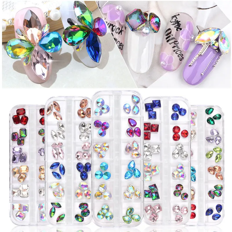 

1 Box AB Colorful Nail Rhinestone Waterdrop Horse Eye Square Designs Multi-size Shape Manicure DIY Nail Art 3D Decoration 36pcs