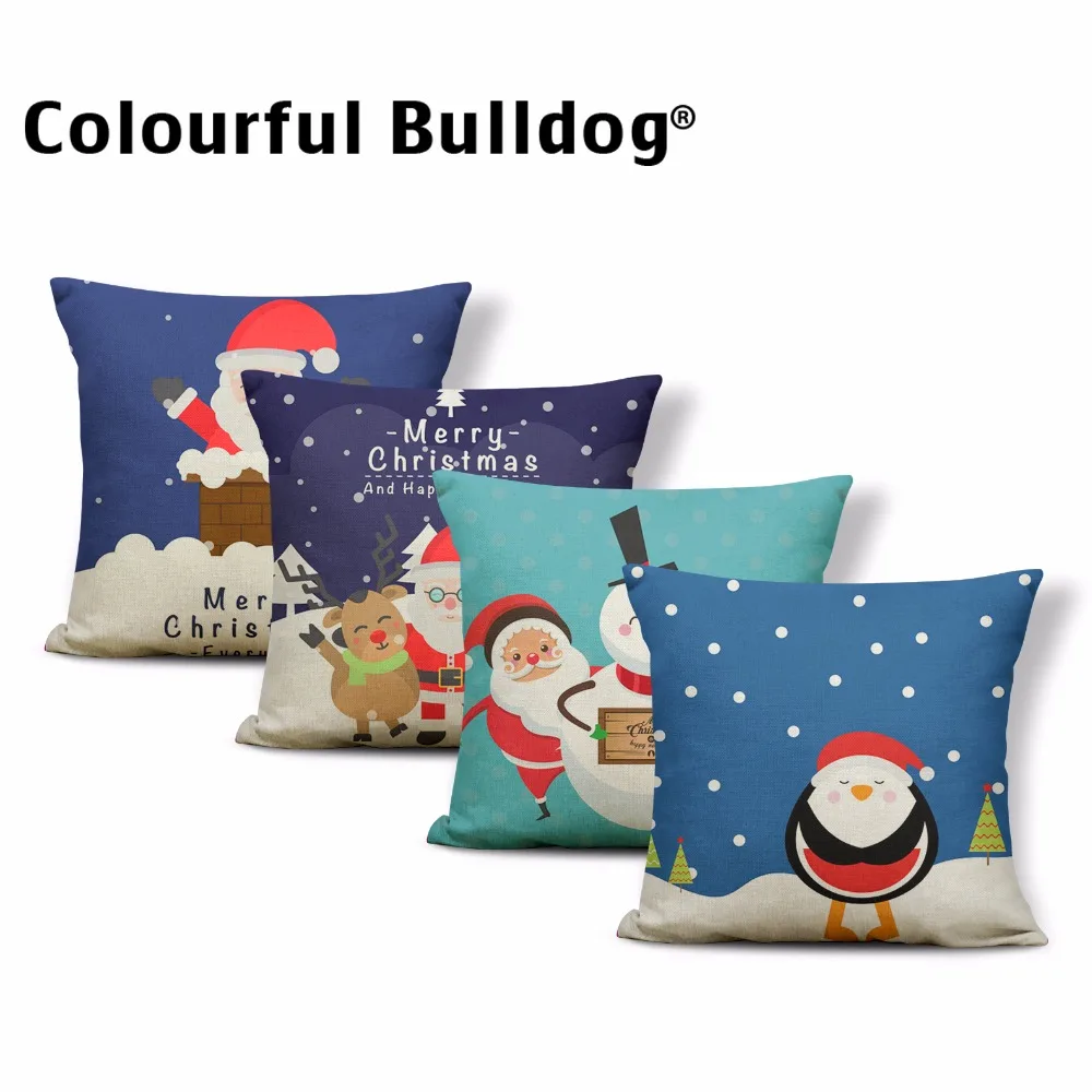 

Cartoon Merrt Christmas Cushion Cover Santa Claus Green Trees Red Star Yellow Moon Throw Pillows Snow Man Hat Reindeer Kid Gifts
