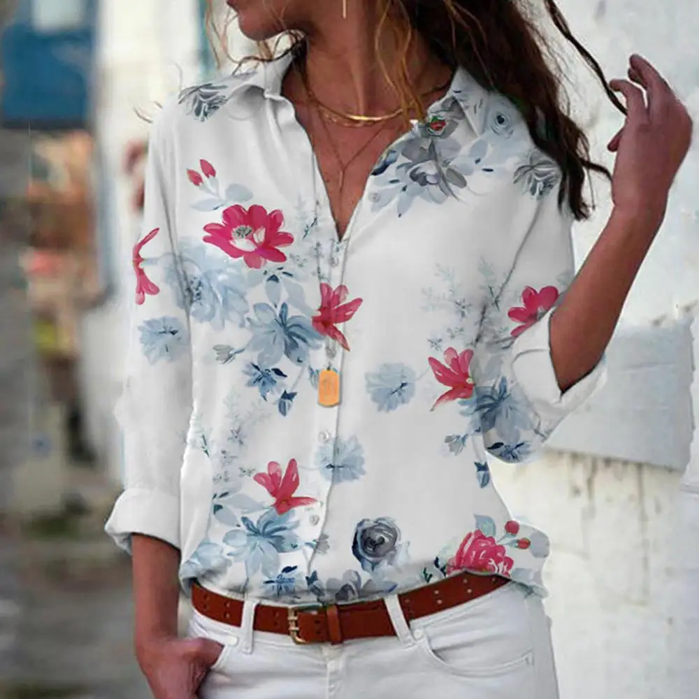 

Women Chiffon Tops Summer Elegant Long Sleeve Print V-Neck Loose Tops Shirt Plus Size 5XL top mujer women clothes 2019