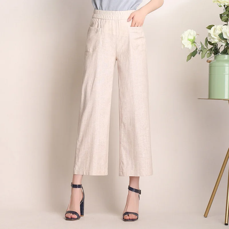 

Summer 2019 New High Waist Straight Elastic Waist Casual Linen Ninth Pants