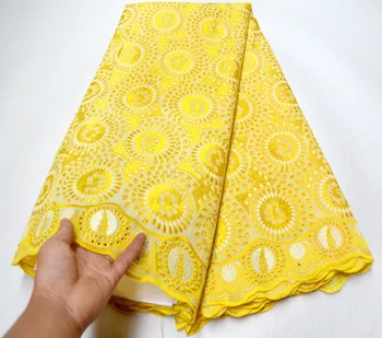 

Yellow African Eyelet Swiss Voile Lace Fabric In Switzerland With Stones Embroidered Big Lace Fabric Nigeria Women's Dress