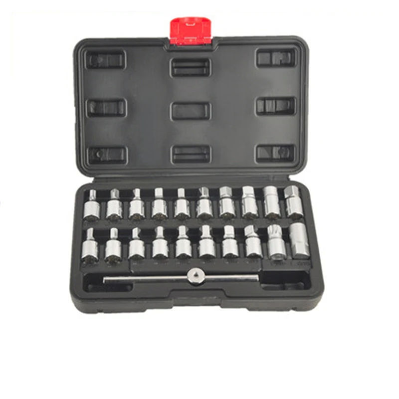 

21PCS Oil Drain Pipe Plug Socket Set Oil Pan Screw Sleeve Wrench 3/8-Inch drive Sliding T-bar Removal Kit